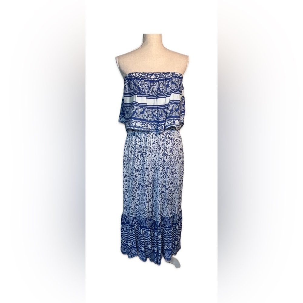 Chelsea Taylor Wide-Leg Strapless Jumpsuit – Size M Blue & White Print